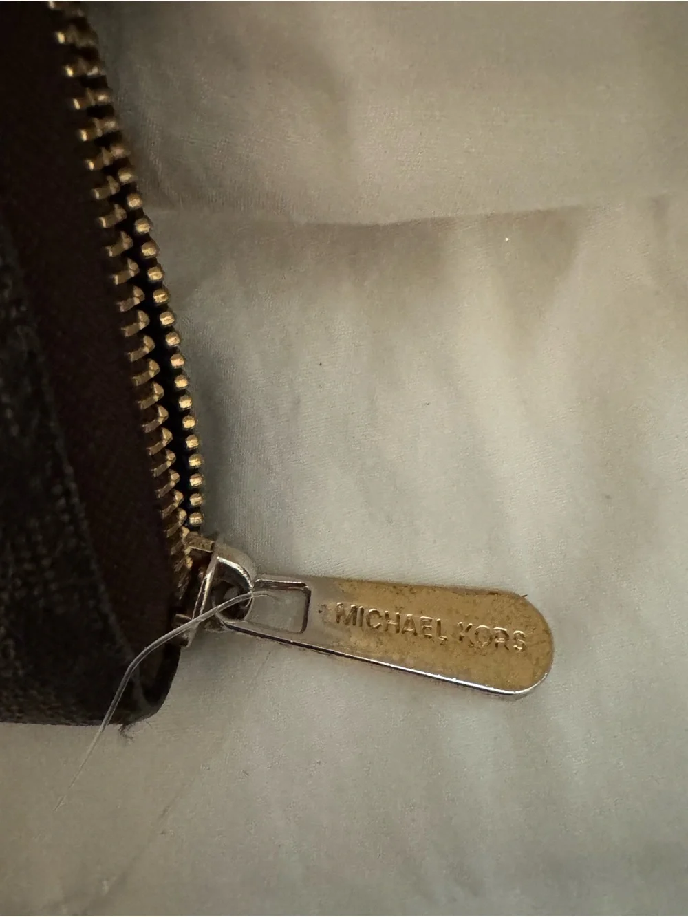 Michael Kors Dark Brown MK Logo Zip Around Wallet with Gold Plaque
